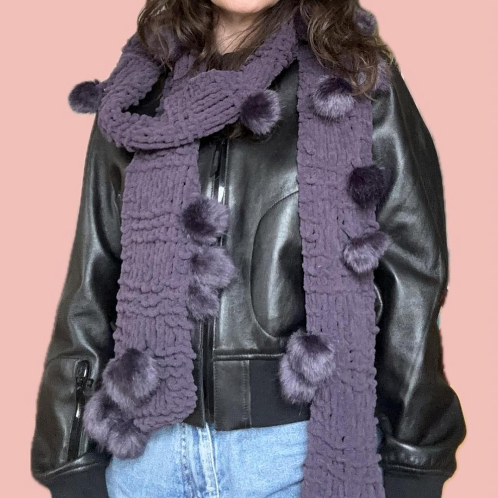 Purple Hand-Knitted Scarf with Pom-Poms